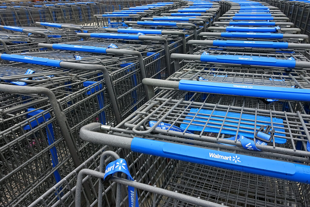 Walmart shopping carts stacked up in lines