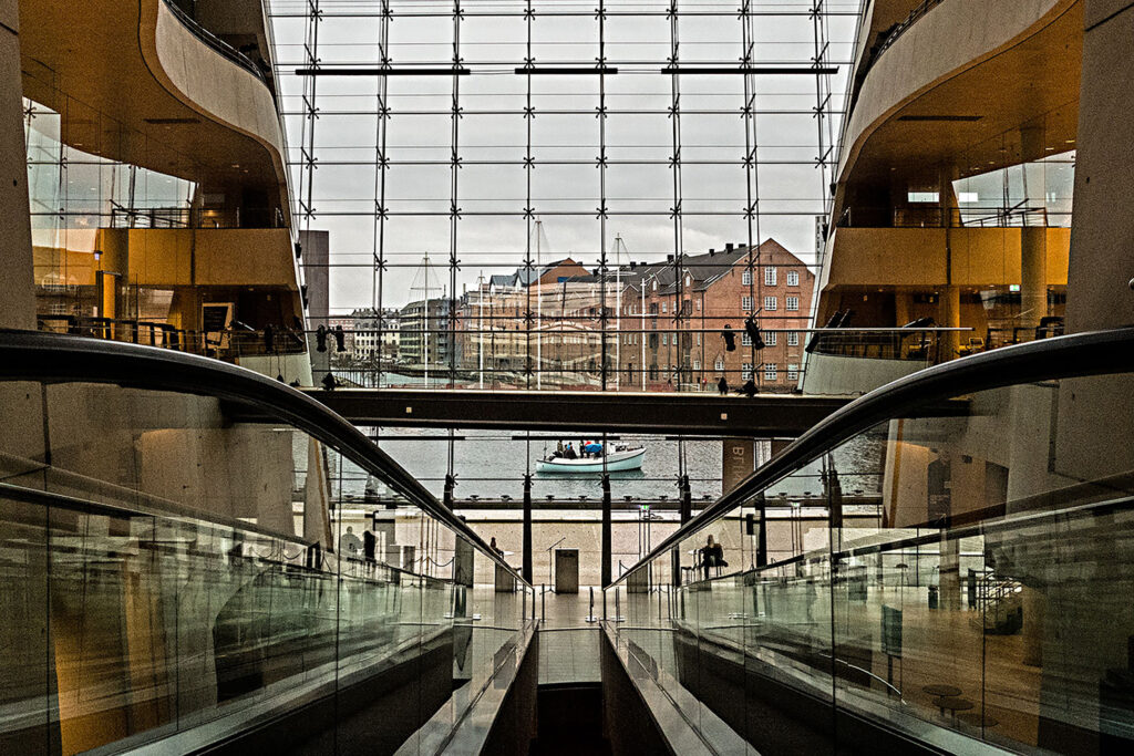 View inside library looking out towards canal in Copenhagen